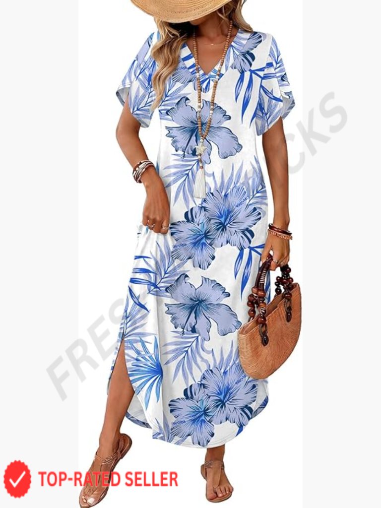 V-Neck Maxi Dress Casual Summer Beach Wear Side Slit Pockets Lightweight Fabric